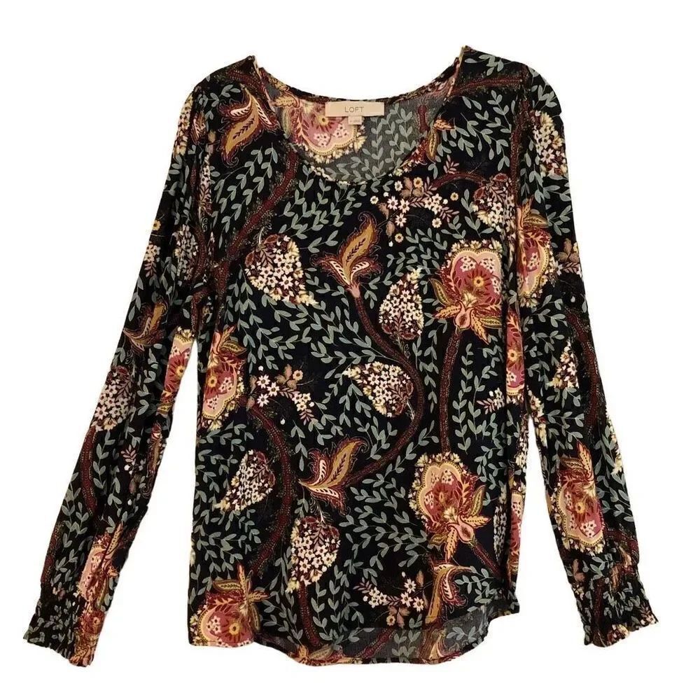 Loft Long Sleeved Floral Tropical Blouse Scoop neck Smock Sleeve Medium